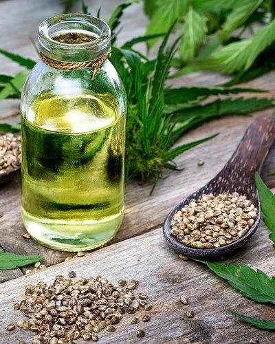 Hanfsamen in Holzlöffeln und Öl in einer offenen Glasflasche auf einem rustikalem Holztisch dekoriert mit Hanfblättern.
