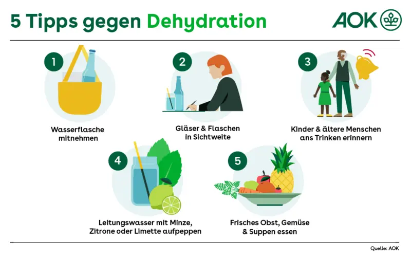 Diese 5 Tipps helfen gegen Dehydration Wasserflasche immer mitnehmen, Gläser und Flaschen in Sichtweite stellen, Kinder und ältere Menschen ans Trinken erinnern, Leitungswasser mit Minze, Zitrone oder Limette aufpeppen, frisches Obst, Gemüse und Suppen essen