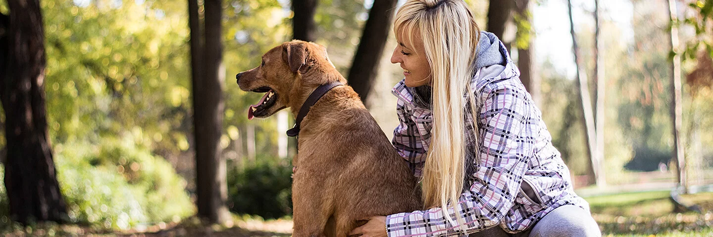 Hundebesitzerin und Hund im Wald.