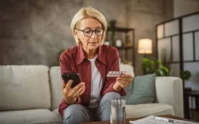 Eine Frau hält in der einen Hand einen Tabletten-Blister und in der anderen ihr Handy.