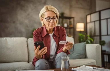 Eine Frau hält in der einen Hand einen Tabletten-Blister und in der anderen ihr Handy.