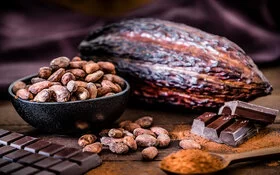 Auf dem Tisch liegt Kakao dieser ist teils noch in der Bohne, als Tafel gepresst oder pulverisiert.