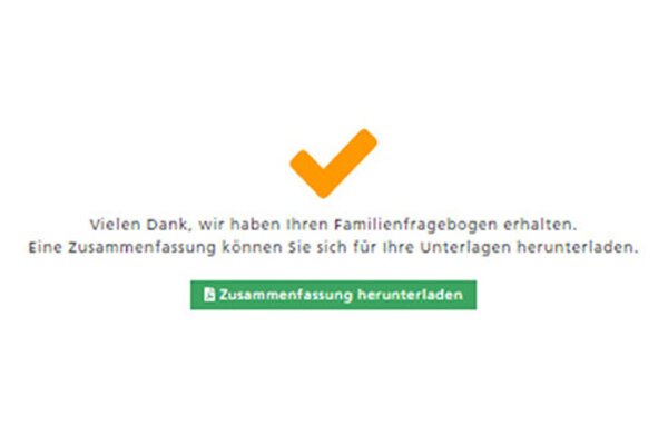 Auf dem Bild ist ein Bestätigungstext der AOK Webseite zu sehen, der über die Vollständigkeit eines Fragebogens informiert.
