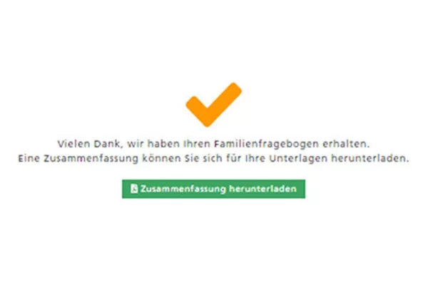 Auf dem Bild ist ein Bestätigungstext der AOK Webseite zu sehen, der über die Vollständigkeit eines Fragebogens informiert.