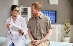 Patient beim Aufklärungsgespräch für eine Darmspiegelung.