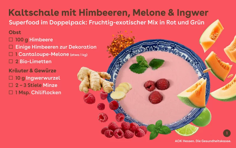Rezept für Kaltschale mit Himbeeren, Melone und Ingwer.