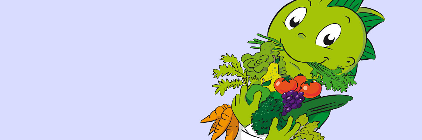 Jolinchen mit Arm voll Obst und Gemüse