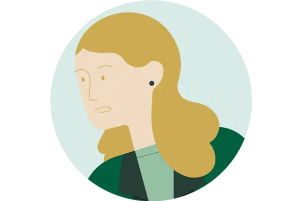 Illustration einer Frau mit langen blonden Haaren, schwarzem Ohrstecker und grünem Oberteil in einem runden Rahmen.