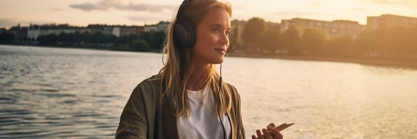 Eine junge Frau steht an einem Flussufer und hört mit Kopfhörern einen Podcast.