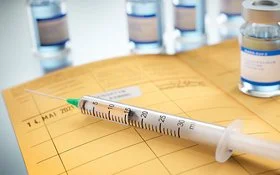 Auf einem aufgeschlagenen Impfpass liegt eine Spritze und ein Fläschchen mit Impfstoff steht darauf. Das Impfdatum ist eingetragen und das internationale Impfzertifikat eingeklebt.