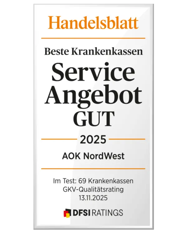 Zu sehen ist das silberne Siegel von Handelsblatt und DFSI für Serviceangebot.