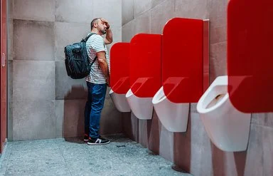 Ein mittelalter Mann steht an einem öffentlichen Urinal und fasst sich an die Stirn.