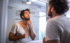 Ein junger Mann steht vor dem Badezimmerspiegel und begutachtet seinen Bart.