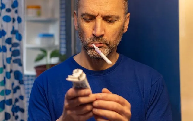 Ein Mann liest beim Zähneputzen im Badezimmer, was auf der Tube der Zahnpasta steht.