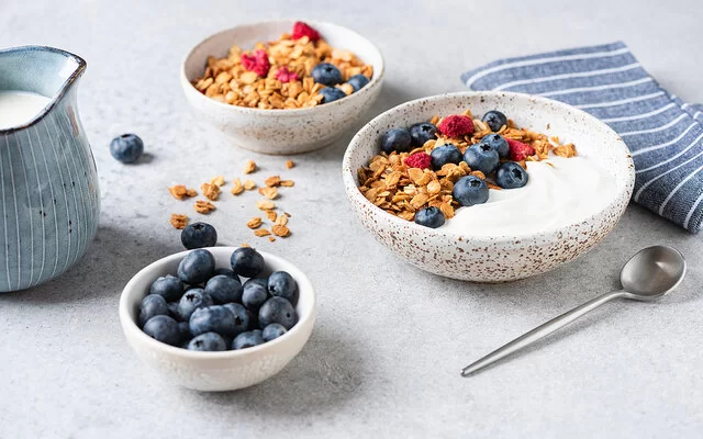 Nahaufnahme von Granola-Joghurtschalen mit Heidelbeeren und getrockneten Himbeeren auf einem grauen Betontisch.