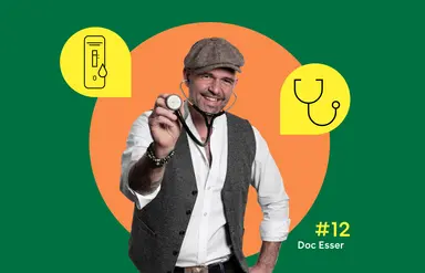 In der Mitte ist ein Foto von Doc Esser mit Schirmmütze und Stethoskop zu sehen, links und rechts daneben sind zwei gelbe Piktogramme mit einem Selbsttest und Stethoskop zu sehen.