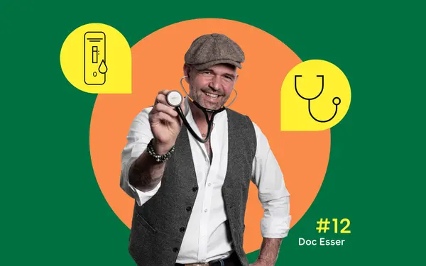In der Mitte ist ein Foto von Doc Esser mit Schirmmütze und Stethoskop zu sehen, links und rechts daneben sind zwei gelbe Piktogramme mit einem Selbsttest und Stethoskop zu sehen.