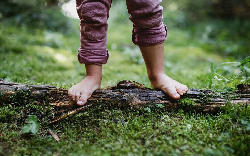 Kinderfüße auf einem umgefallenen Baum, der auf Moos im Wald liegt.