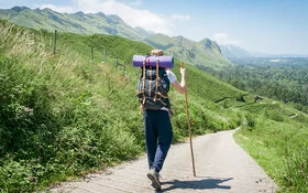 Ein junger Pilger mit Wanderstock läuft einen Pfad durch eine grüne Hügellandschaft entlang.