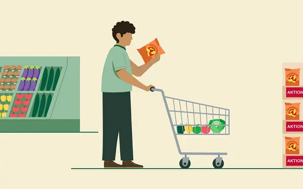 Die Illustration zeigt einen Mann im Supermarkt, der eine Chipstüte in der Hand hält, während er einen Einkaufswagen schiebt. Im Hintergrund sind eine Obst- und Gemüsetheke sowie ein Aktionsstapel mit Chipstüten zu sehen.