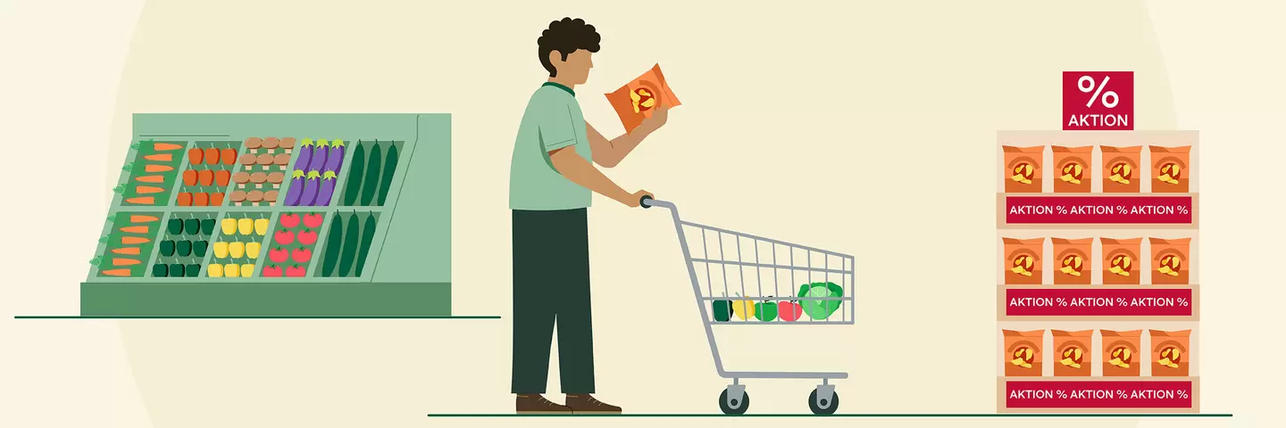 Die Illustration zeigt einen Mann im Supermarkt, der eine Chipstüte in der Hand hält, während er einen Einkaufswagen schiebt. Im Hintergrund sind eine Obst- und Gemüsetheke sowie ein Aktionsstapel mit Chipstüten zu sehen.