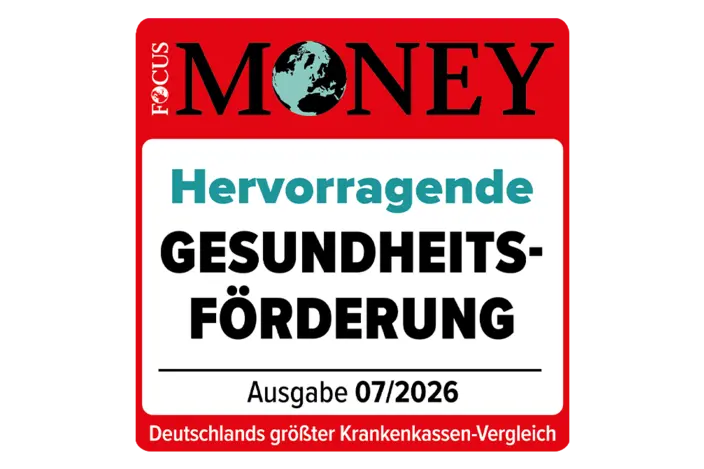 Zu sehen ist das rotweiße Siegel von Focus Money für Gesundheitsförderungn.