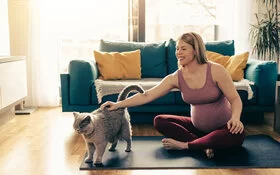 Eine schwangere Frau dehnt sich und streichelt ihre Katze.