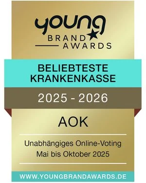 Siegel der YoungBrandAwards mit der Aufschrift „Beliebteste Krankenkasse, Gewinner 2025-2026, AOK“.