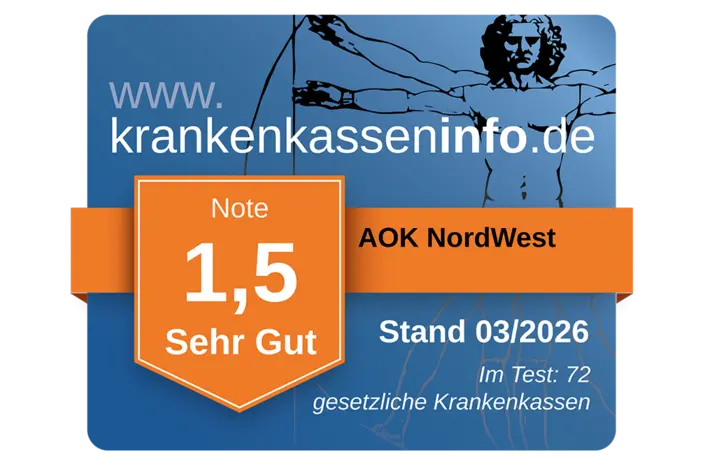 Zu sehen ist das blaue Siegel von krankenkasseninfo.de, mit einer Illustration links im Bild von einem orangefarbenen Schild mit einer Schulnote.