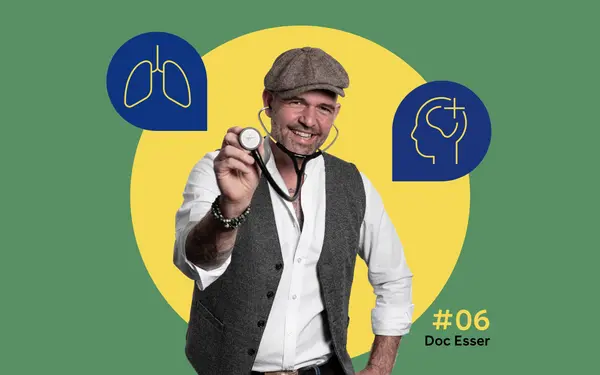 In der Mitte ist ein Foto von Doc Esser mit Schirmmütze und Stethoskop zu sehen. Illustrationen daneben zeigen eine Lunge sowie einen Kopf im seitlichen Porträt.