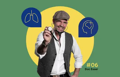 In der Mitte ist ein Foto von Doc Esser mit Schirmmütze und Stethoskop zu sehen. Illustrationen daneben zeigen eine Lunge sowie einen Kopf im seitlichen Porträt.