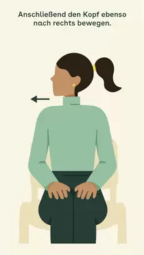 Ein Icon mit Pferdeschwanz, hellgrünem Rollkragenpullover und dunkelgrüner Hose sitzt auf einem Stuhl. Der Kopf ist zur linken Seite gedreht, was durch einen Pfeil nach links neben dem Nacken verdeutlicht wird.