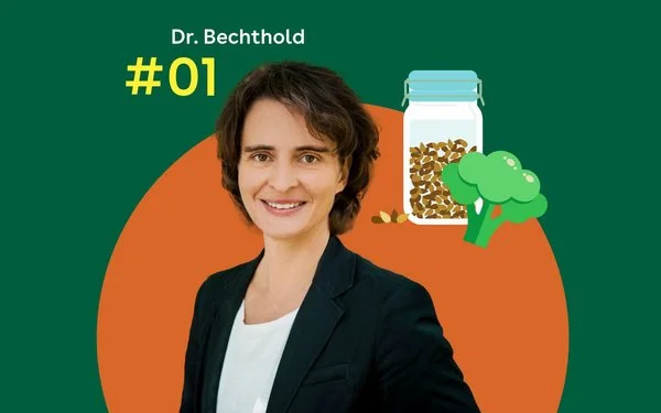 Dr. Angela Bechthold steht vor einem grünen Hintergrund. Neben ihr eine Grafik mit einem Glas und Brokkoli.