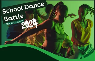 Auf dem Banner des Tanzwettbewerbs School Dance Battle 2024 sind junge, tanzende Menschen zu sehen.