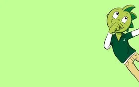 Jolinchen, ein grüner Cartoon-Drache, schaut mit nachdenklichem Blick und der Hand am Kinn nach oben.