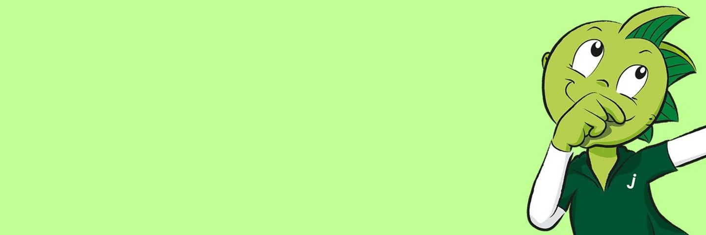 Jolinchen, ein grüner Cartoon-Drache, schaut mit nachdenklichem Blick und der Hand am Kinn nach oben.