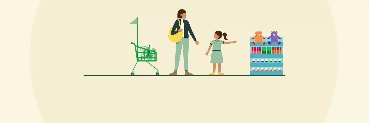 Die Illustration zeigt eine erwachsene Frau und ein Kind im Supermarkt. Das Kind zeigt auf ein Regal mit Süßwaren, während die erwachsene Person neben einem Einkaufswagen steht.