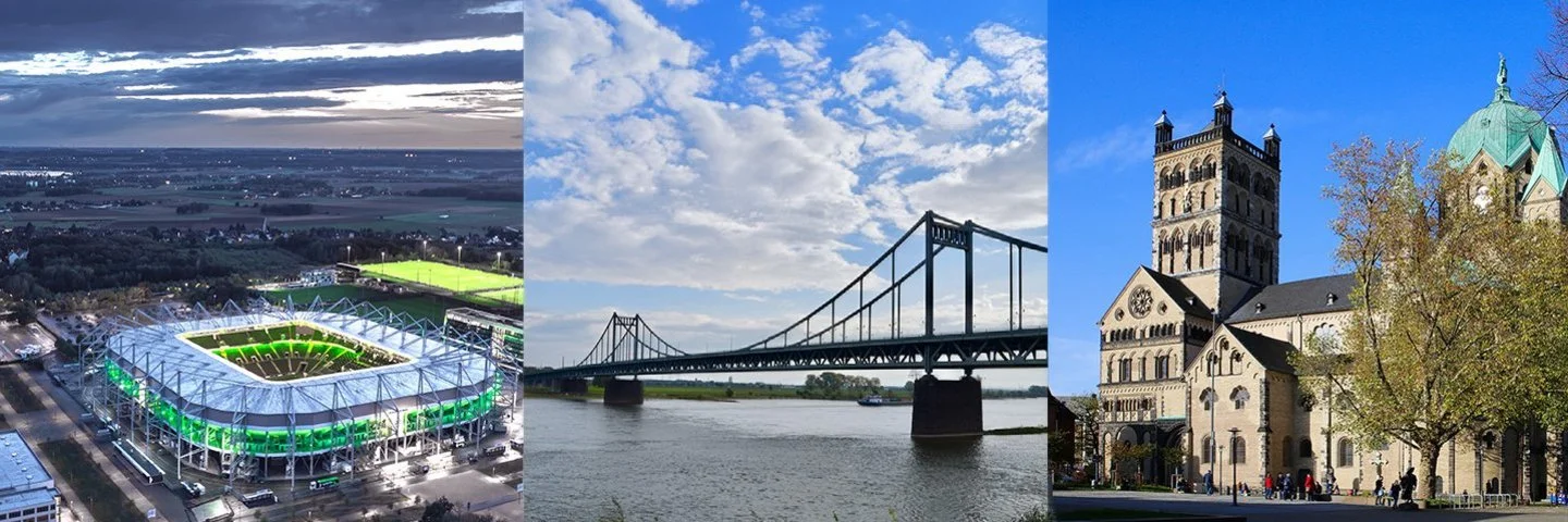 Collage von Bildern aus Ürdingen Mündelheimer Brücke, Borussiapark Stadion Mönchengladbach und der Quirnikuskirchenbasilika.