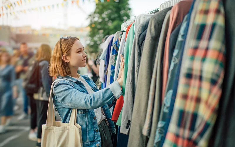 Junge Frau stöbert durch Second-Hand-Kleidung auf einem Flohmarkt.