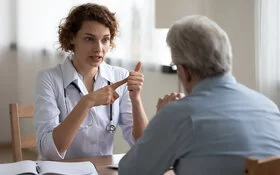 Eine junge Ärztin spricht mit einem Patienten über Blut im Stuhl.