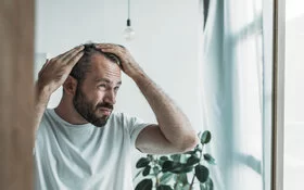 Mann mit Haarausfall checkt seine Geheimratsecken.