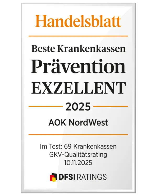 Zu sehen ist das silberne Siegel von Handelsblatt und DFSI für Prävention.