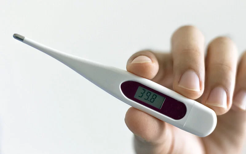 Eine Hand hält ein digitales Fieberthermometer.