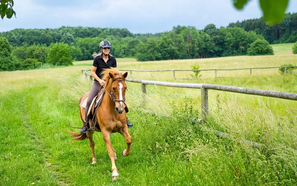 Eine Frau galoppiert mit einem Pferd auf einer Wiese.