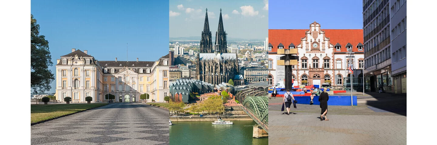 Es ist eine Kollage aus drei nebeneinandergestellten Sehenswürdigkeiten im Rhein-Erft-Kreis zu sehen.