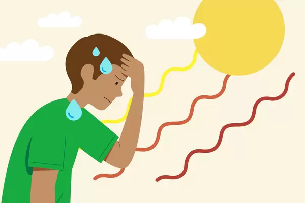 Illustration eines erwachsenen Mannes mit Schweißperlen auf der Stirn. Im Hintergrund ist die leuchtende Sonne zu sehen, es flimmern Hitzewellen.