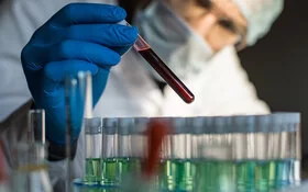 Ein Forscher hält ein Reagenzglas mit Blut in der Hand.