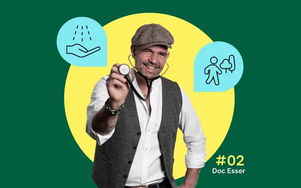 In der Mitte ist ein Foto von Doc Esser mit Schirmmütze und Stethoskop zu sehen. Illustrationen daneben zeigen eine Handdesinfektion und eine im Wald spazierende Person.