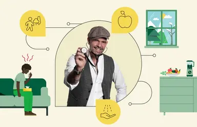 In der Mitte ist ein Foto von Doc Esser mit Schirmmütze und Stethoskop zu sehen. Illustrationen daneben zeigen einen Mann mit Taschentüchern und eine Küchenanrichte mit frischem Obst.