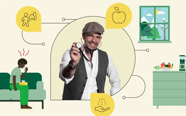 In der Mitte ist ein Foto von Doc Esser mit Schirmmütze und Stethoskop zu sehen. Illustrationen daneben zeigen einen Mann mit Taschentüchern und eine Küchenanrichte mit frischem Obst.